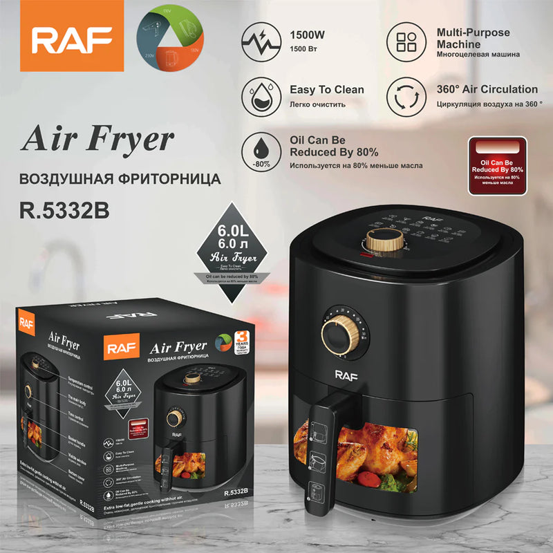 Air Fryer - friteuza cu aer cald, fara ulei, capacitate 6L, 1500W, negru RAF