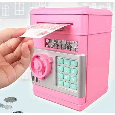 Pusculita interactiva ATM tip Seif pentru copii cu dimensiunea de 19x13x13 cm ROZ